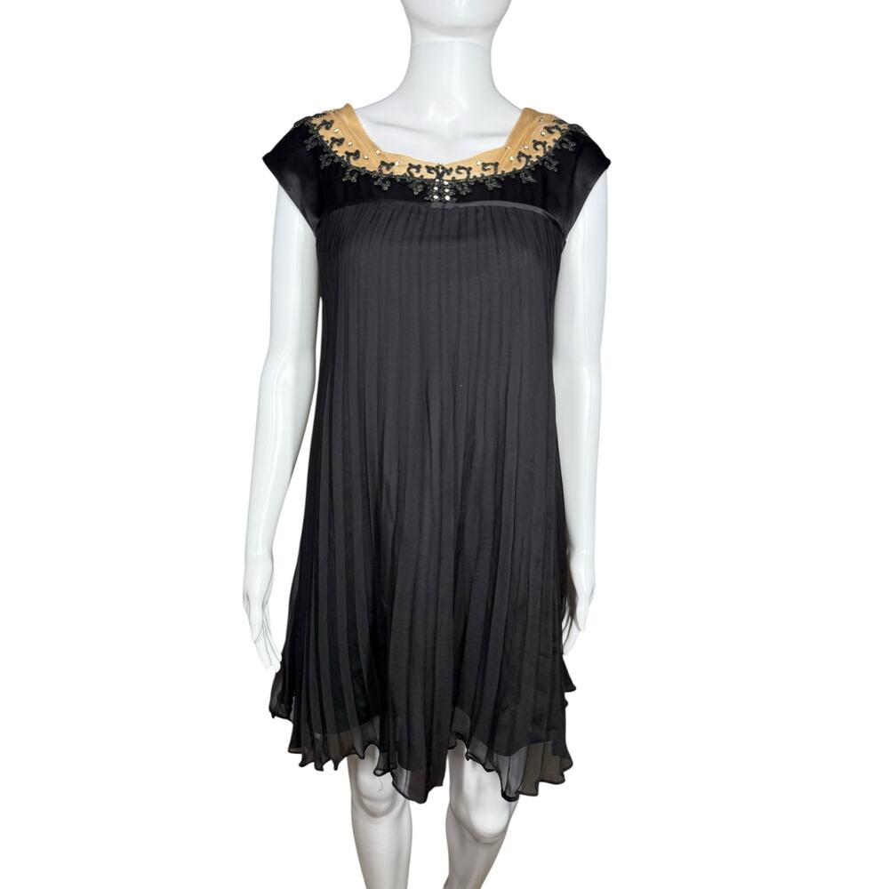 Laundry by Design 100% Silk Pleated Beaded Black Babydoll Mini Dress Size 2